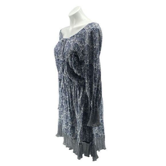 Mystree Blue White Paisley Boho Peasant Dress Large – Off Shoulder Long Sleeve - Picture 7 of 14